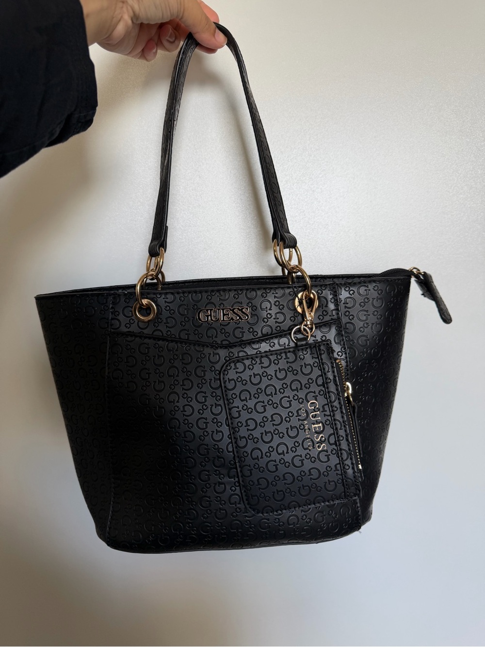 GUESS Black Logo-Embossed Tote with Gold Hardware